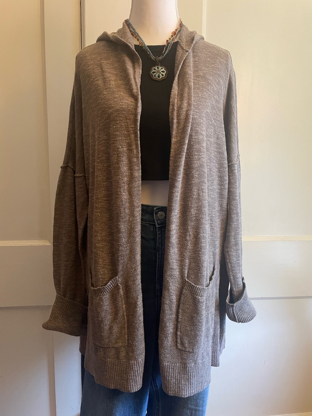AEO Lightweight Taupe Hooded Open Cardigan Sweater